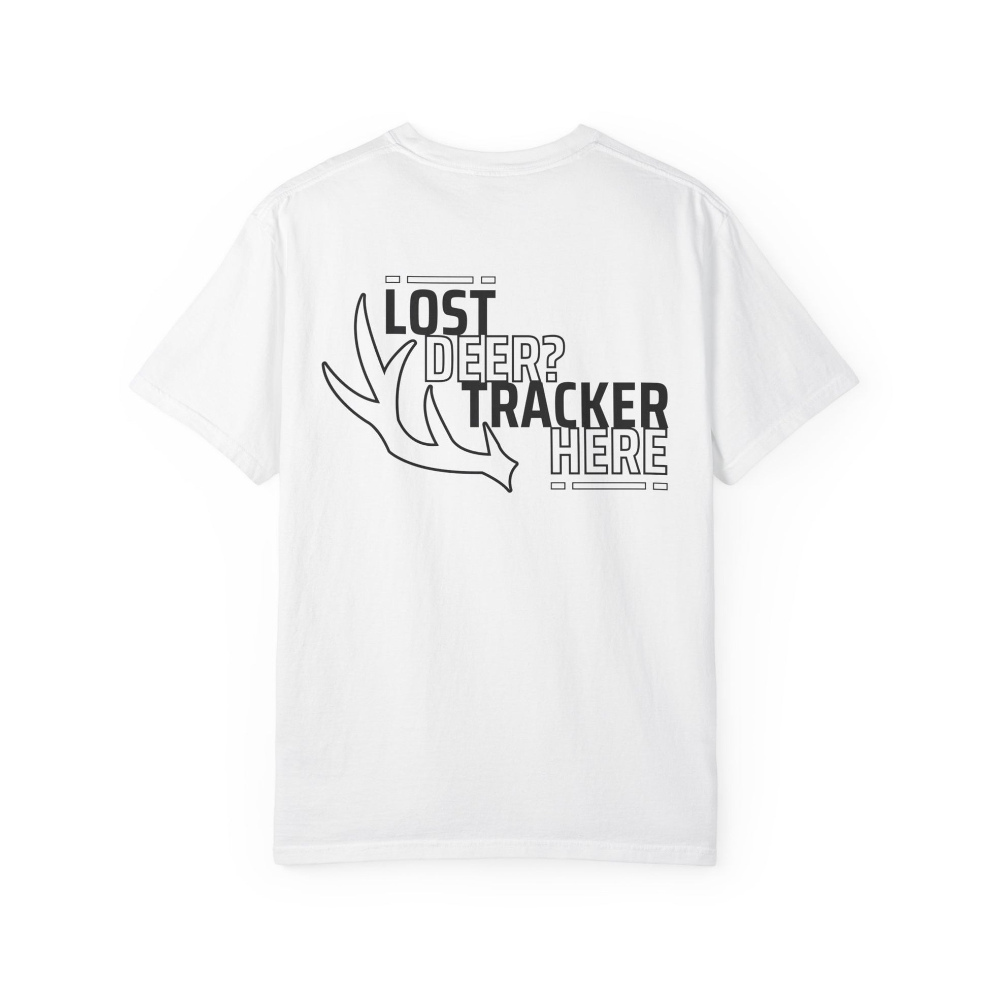 White Printify T-Shirt with lost deer tracker and deer antler graphic for deer recovery services