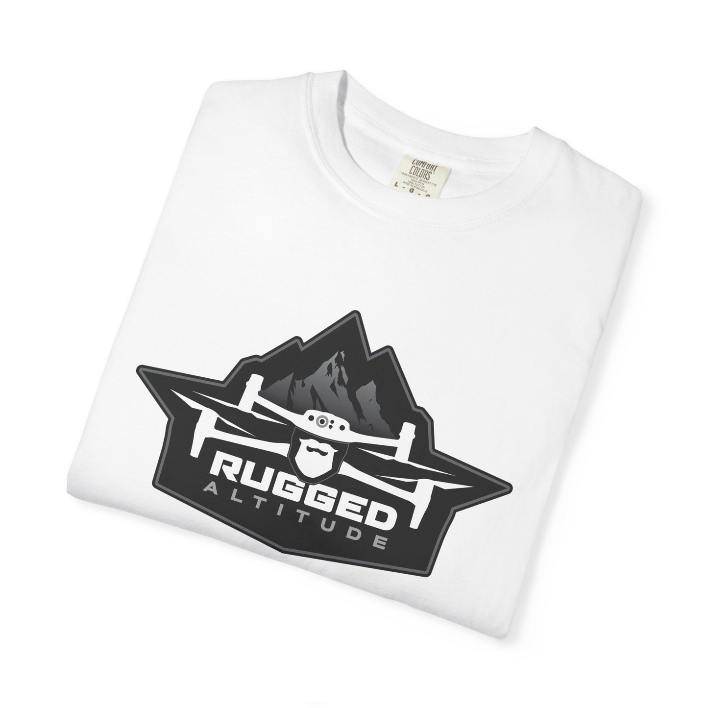 White Printify T-Shirt with Rugged Altitude drone logo for deer recovery services