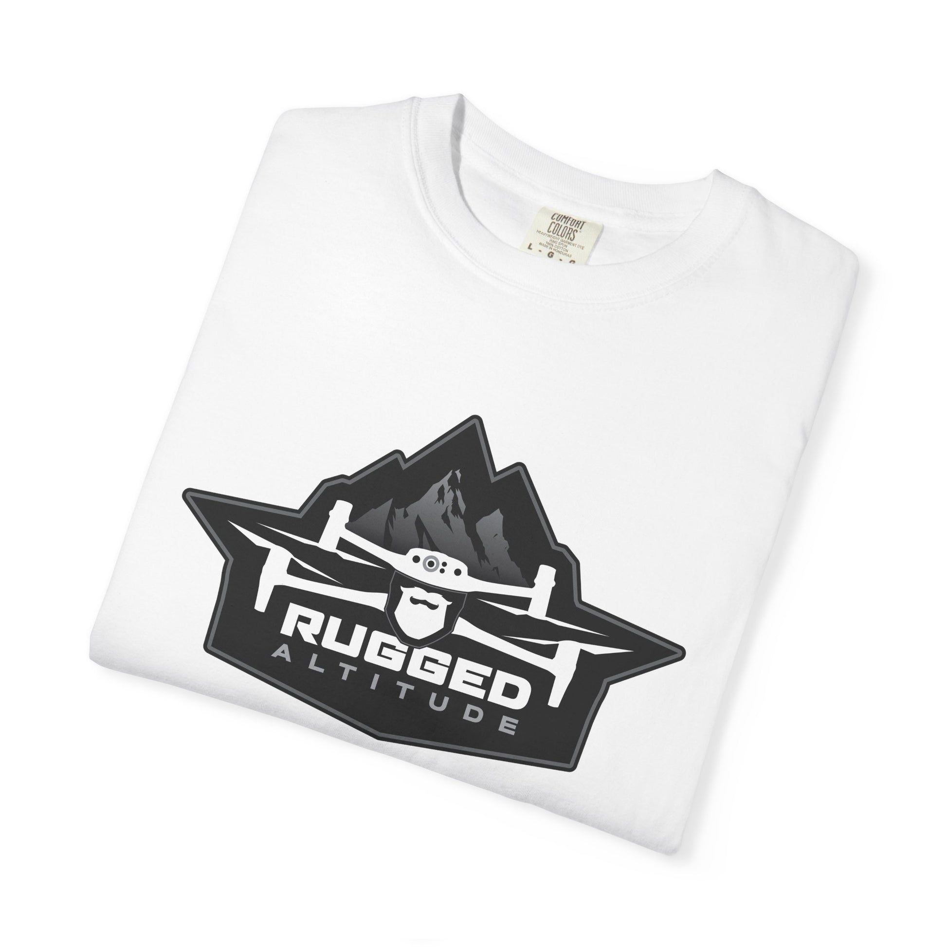 White Printify T-Shirt with Rugged Altitude drone logo for deer recovery services