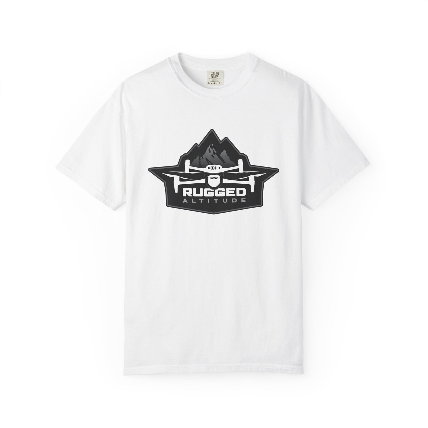 White Printify t-shirt with rugged altitude drone logo for deer recovery services