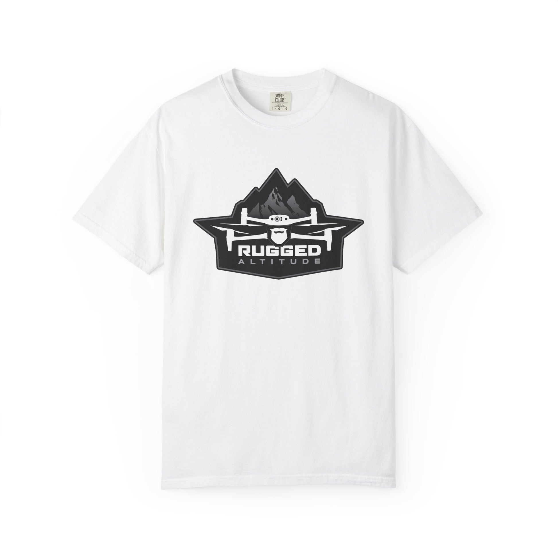 White Printify t-shirt with rugged altitude drone logo for deer recovery services
