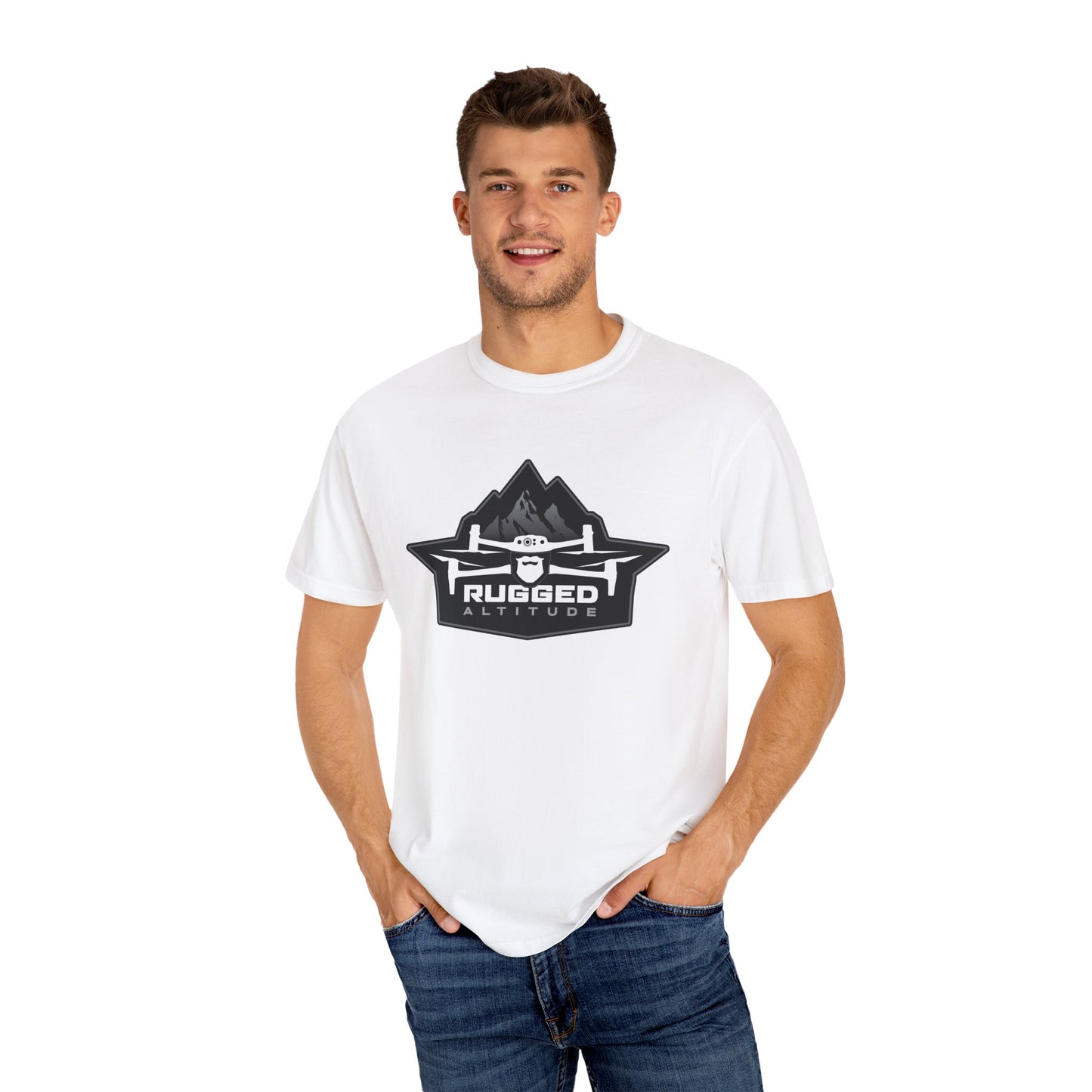 Printify white t-shirt with rugged attitude logo worn by smiling man deer recovery services