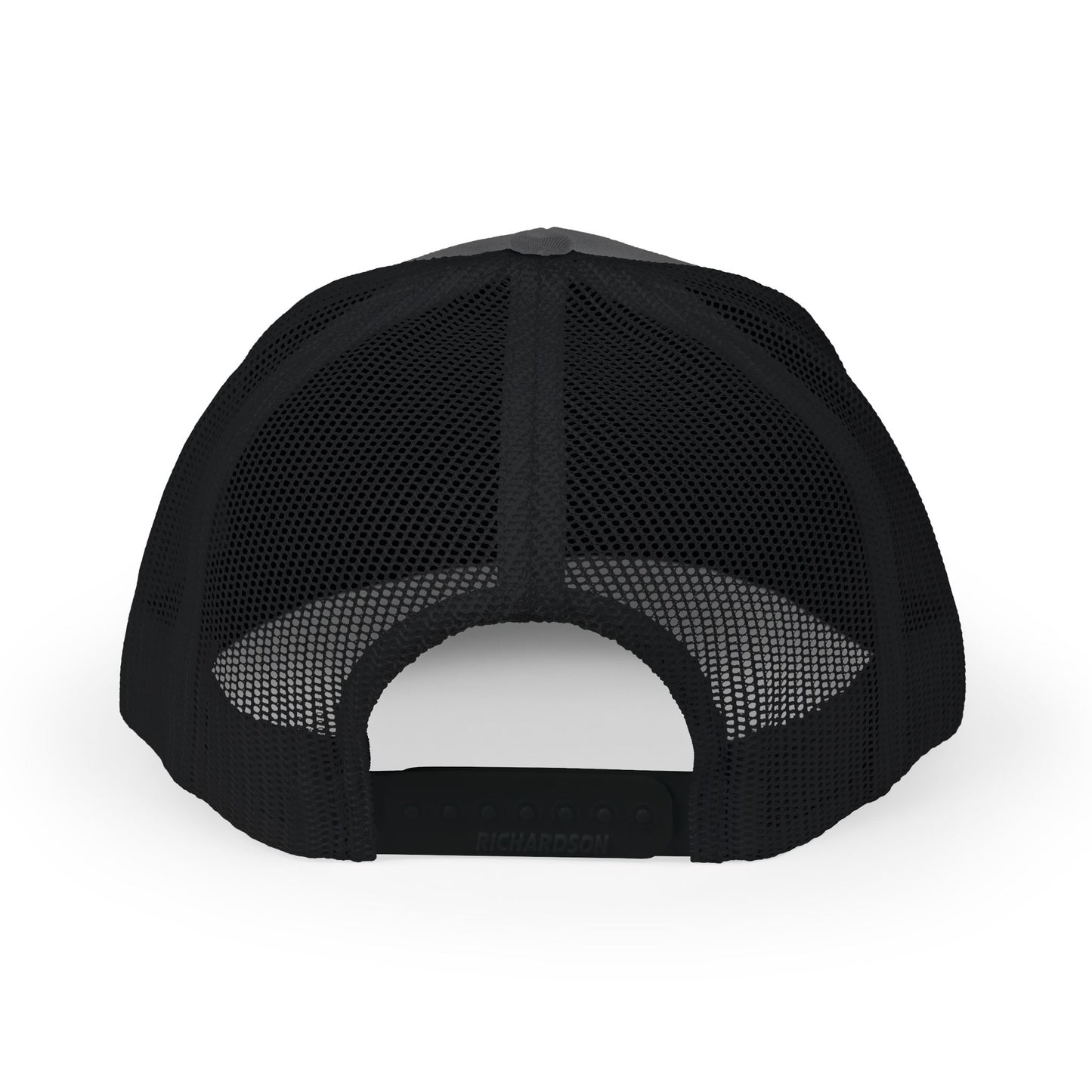 Back view of black Rugged Altitude embroidered trucker hat with adjustable snapback and mesh panels