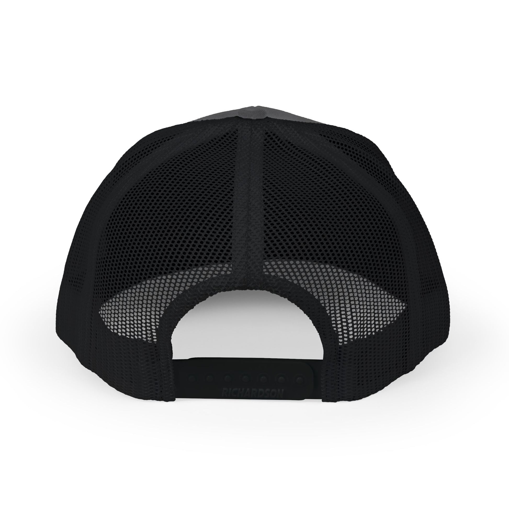 Back view of black Rugged Altitude embroidered trucker hat with adjustable snapback and mesh panels
