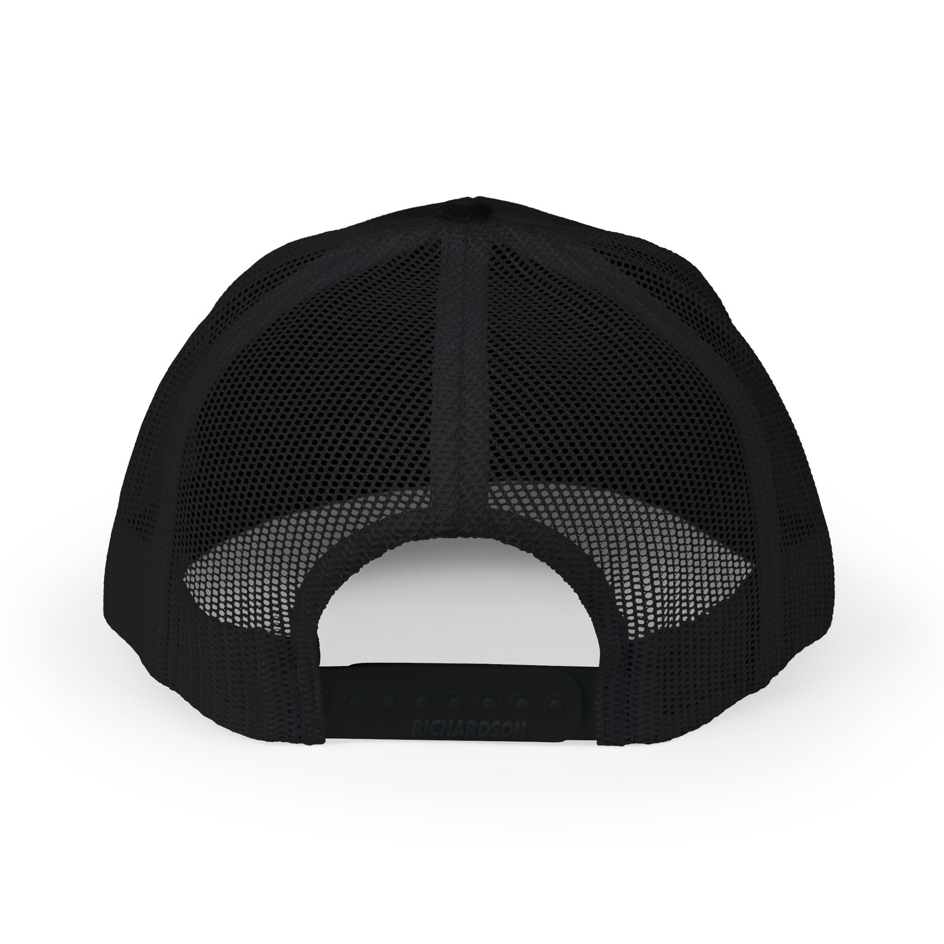 Back view of Rugged Altitude embroidered trucker hat in black mesh with adjustable snapback closure