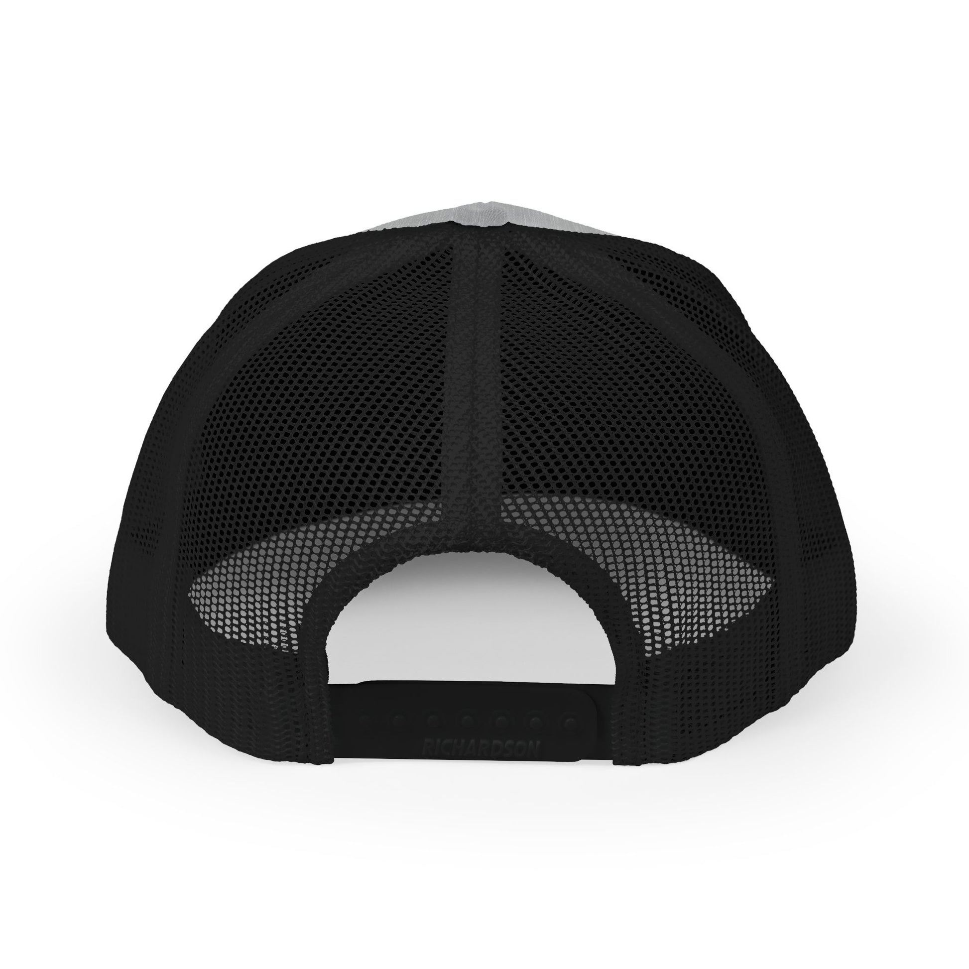 Back view of Rugged Altitude embroidered trucker hat with black mesh and adjustable strap