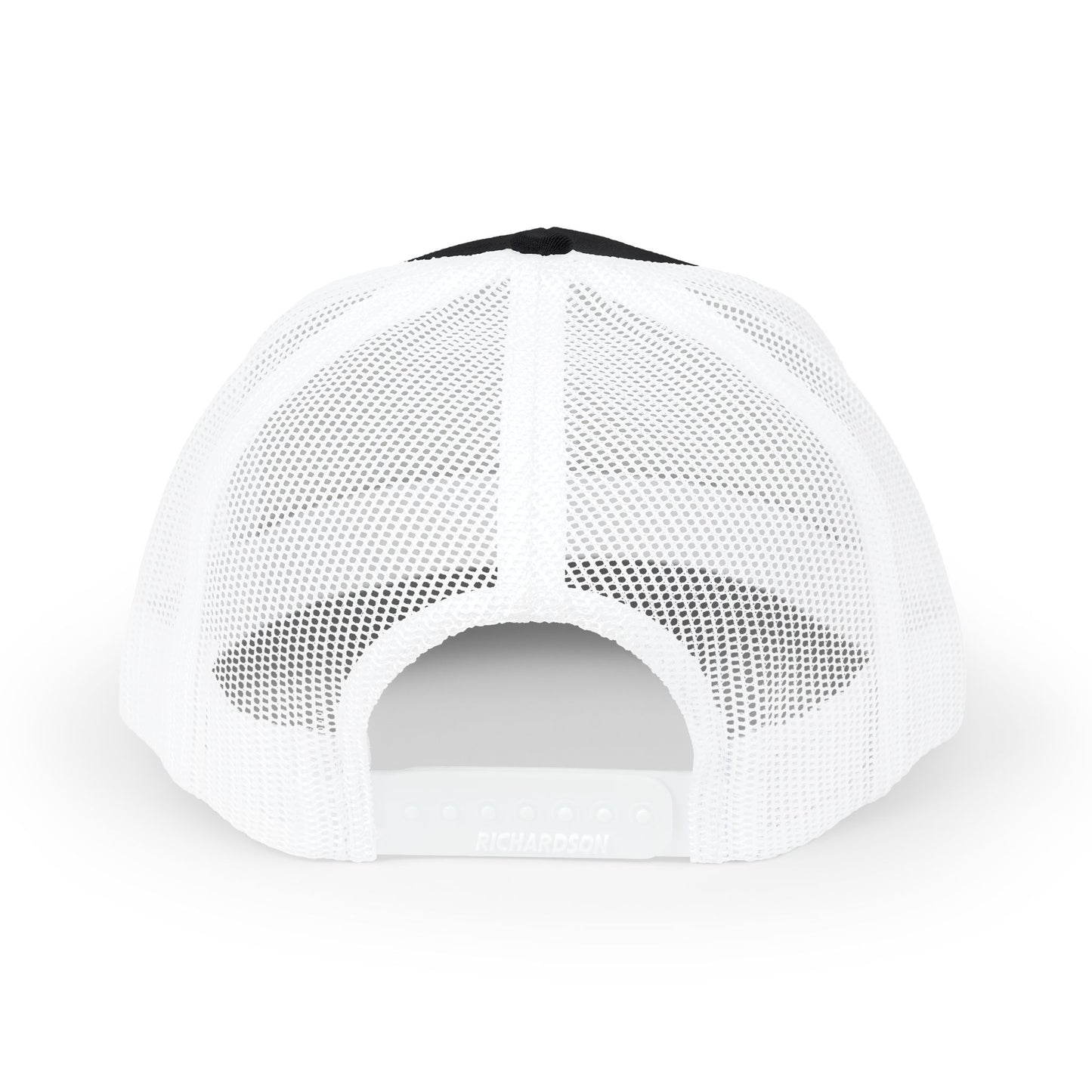 Back view of Rugged Altitude embroidered trucker hat with white mesh and adjustable strap