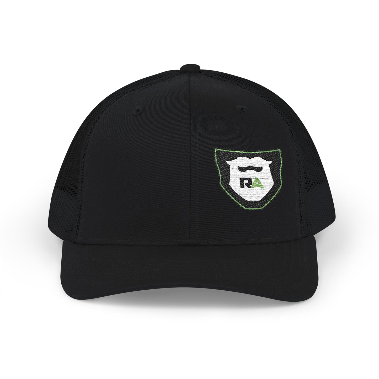 Black Rugged Altitude embroidered trucker hat with mesh back and white green logo patch
