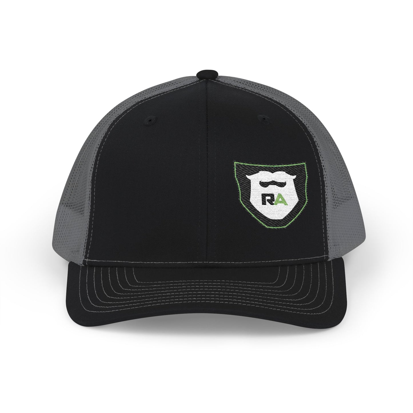 Rugged Altitude embroidered trucker hat in black and gray with front logo patch by Printify