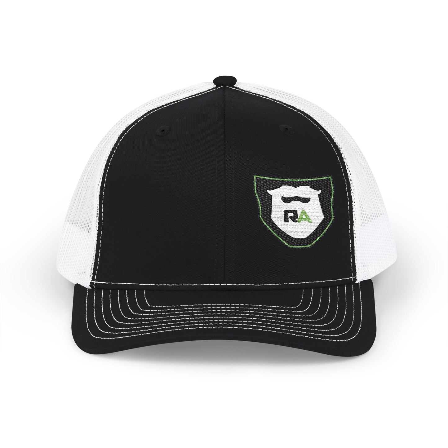 Rugged Altitude embroidered trucker hat with black front and white mesh back by Printify