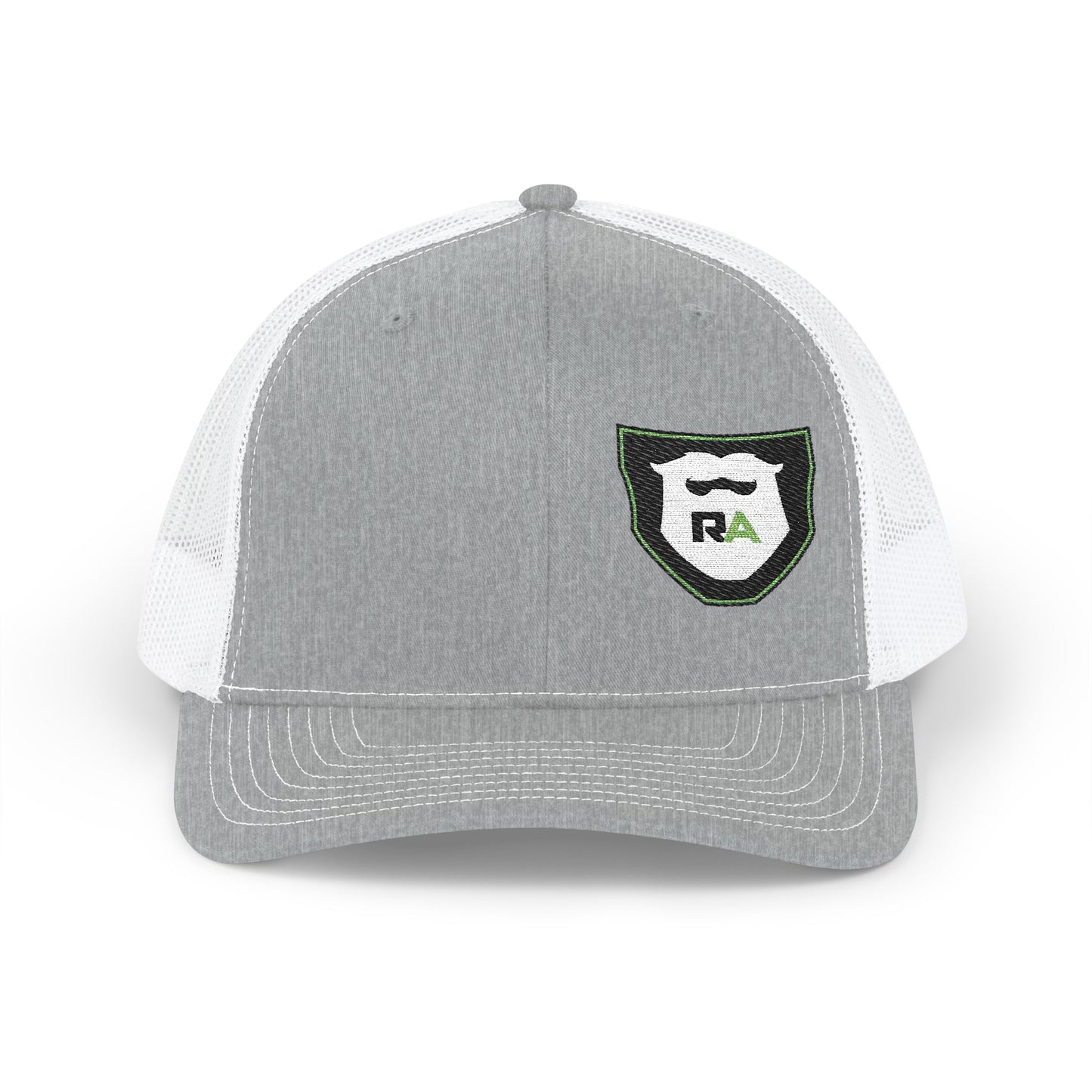 Rugged Altitude embroidered trucker hat in gray and white mesh with front logo patch